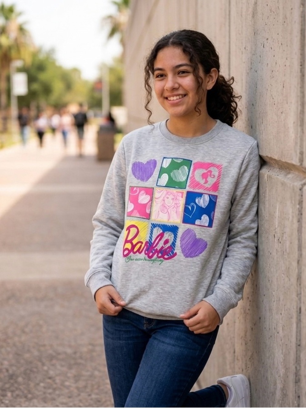 Barbie Grey Sweatshirt with Pink, Purple, Green and Blue Accents, Girls XL
